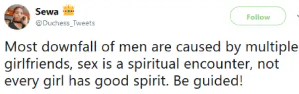 "Most Downfall Of Men Are Caused By Multiple Girlfriends" - Nigerian Lady Says